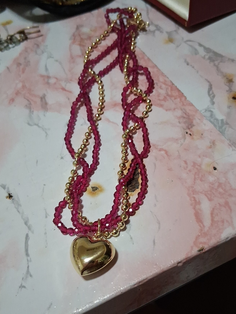 Gold Heart Pendant Multi-Strand Pink & Gold Necklace